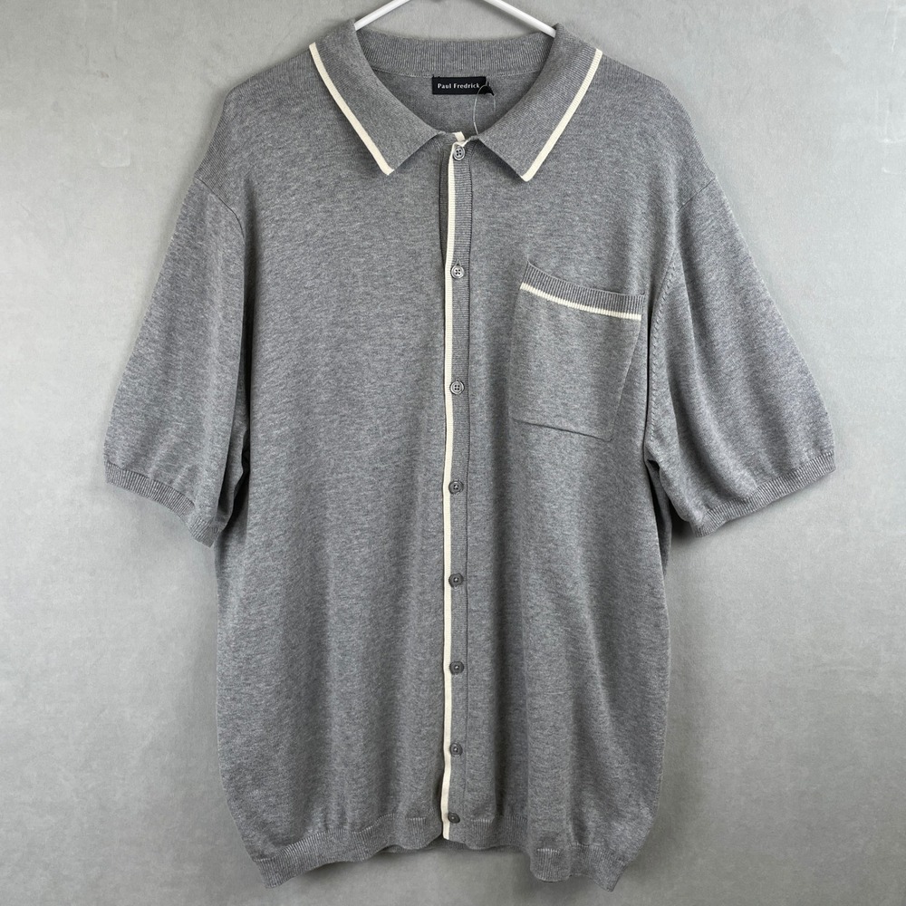 Paul Fredrick Men XXLT Grey Button Front Knit Polo S/S Shirt Cotton Luxury Money